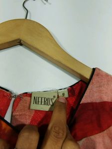 Neerus Red And Cream Floral Printed Sleeveless Long Dress (Women)