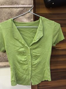 Lime Green Ruched Button-Up Top