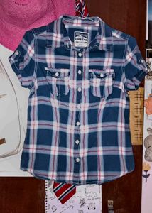 Blue Plaid Short Sleeve Button-Up Shirt