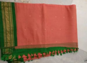 Peach Saree with Green Border &amp; Tassels
