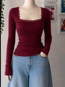 Maroon Lace Square Neck Ribbed Top