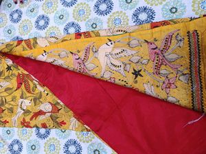Bright Red And Yellow Kantha Stitch Semi Silk Sare