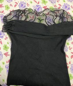 Chic Black Ruffled Sheer Sleeve Top