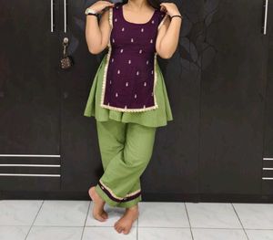 Elegant Purple &amp; Green Kurta Set  self design