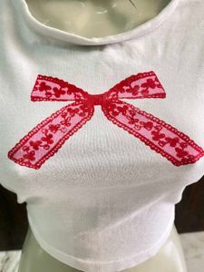 White Cropped Tee with Red Bow