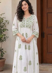 Elegant White & Green Embroidered Kurta Dress