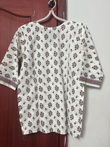 White Floral Print short Kurta
