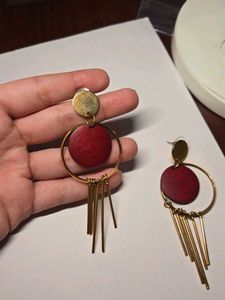 Unique Red Wood &amp; Gold Dangle Earrings