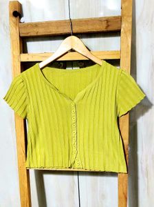 Lime Green Ribbed Button-Up Crop Top Size-30-32