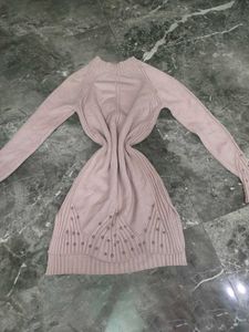 Beige Studded Knit Sweater Dress