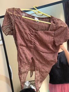 NewMe Sheer Textured Square Brown Neck Top