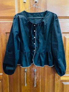 Black Peplum Blouse with Tie Neck