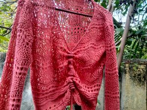 Crochet Knit Tie-Front Top