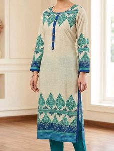 Stylish Cream Kurta with Blue & Green Print