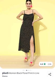 Black Floral Print High Slit Midi Dress