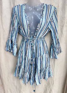 439. Blue Striped Ruffle Mini Dress