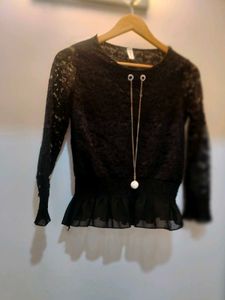 Black Lace Sheer Sleeve Peplum Top