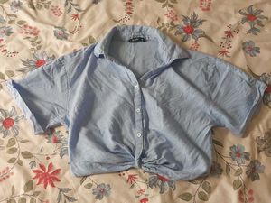 Blue Tie-Front Cropped Shirt
