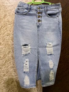 Light Wash Ripped Denim Midi Skirt
