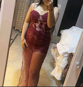 Burgundy Lace Dress with Sheer Overlay