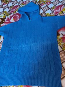 Blue Knitted Hoodie Sweater