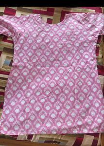 Pink Printed Cotton Kurta with Lace Detail