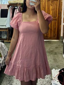 Chic Pink Embroidered Puff Sleeve Dress