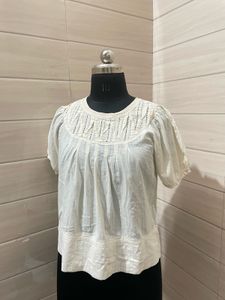 Calvin Klein Cream Puff Sleeve Smocked Top
