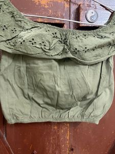 Olive Green Off-Shoulder Eyelet Top