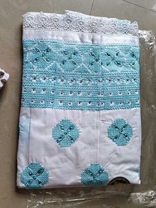 White Dress Material with Blue Embroidery