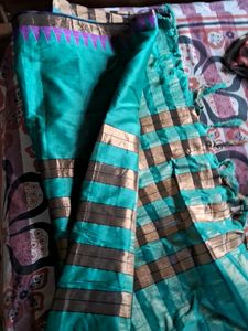 Teal &amp; Gold Striped Saree