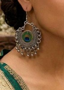 Peacock Feather Oxidized Jhumka Earrings