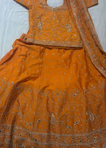 Dabka Embroidery Orange Lehenga Choli Set