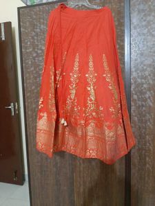 Orange Ethnic Skirt with Gold Print