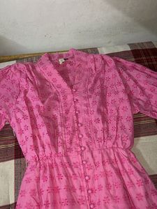 Vibrant Pink Printed Button-Up Midi Dress