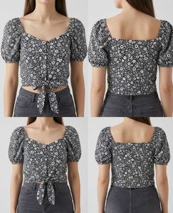 Floral Print Puff Sleeve Tie-Front Crop Top/Blouse