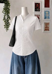 White Pinstripe Button-Up Top