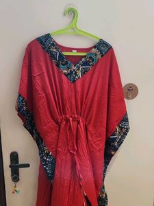 Vibrant Red Kaftan Dress with Bohemian Print
