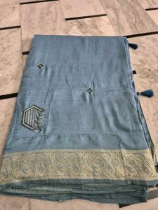 Elegant Blue Embroidered Silk Saree