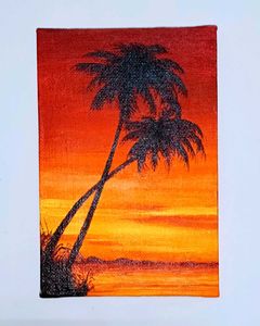Hand–Painted Sunset Palm Tree Canvas Painting