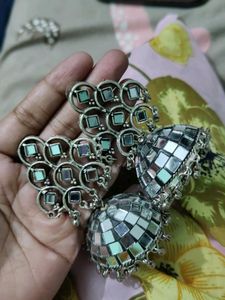 big beautiful mirror work oxidised jhumka