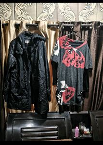 Stylish  Black leather jacket and winter dress