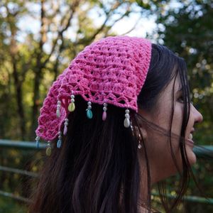 Crocheted Pink Head Scarf with Beads
