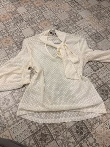 Elegant White Polka Dot Tie Neck Blouse