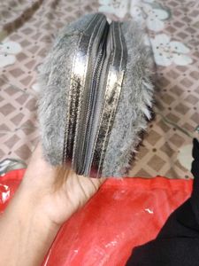 Gray Faux Fur Cosmetic Pouch