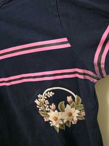 Navy Blue T-Shirt with Pink Stripes &amp; Floral Desig