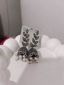 Oxidized Jhumka Earrings with Pearls