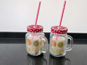 Cute Fruit Design Mason Jar Mugs with Straws (Set