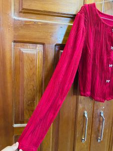 Chic Red Pleated Button-Up Top