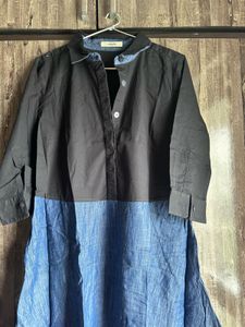 Chic Blue Denim &amp; Black Shirt Dress